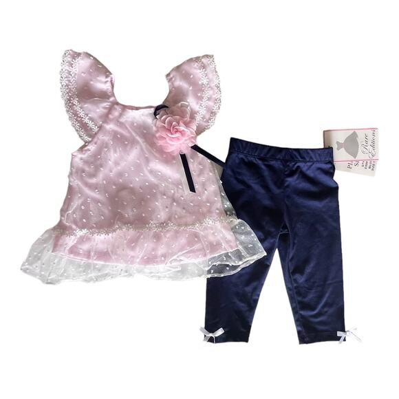 NEW Rare Editions Baby Girls 12Mo Pink Clip Dot Organza Tunic Blue Leggings Set! - Picture 1 of 4